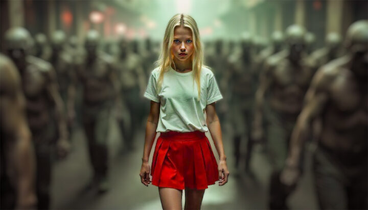 Foto de una joven muchacha rubia con falda roja y blanca circulando por medio de una multitud de gente gris y dormida.