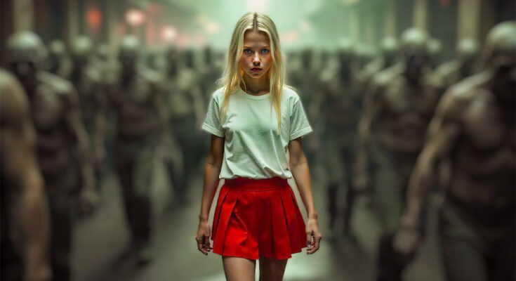 Imagen de Eleanor con corta falda roja y polera blanca. rodeada por una multitud gris.