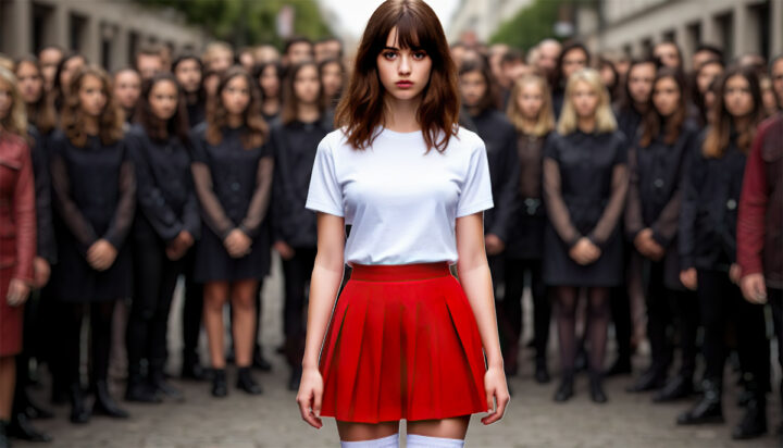 Imagen de una chica en falda roja y polera blanca rodeada de una multitud opaca.