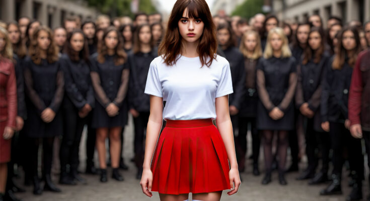 Imagen de una chica en falda roja y polera blanca rodeada de una multitud opaca.