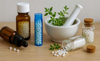 Imagen con diferentes formas y presentaciones de productos homeopáticos.