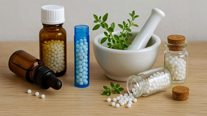 Imagen con diferentes formas y presentaciones de productos homeopáticos.