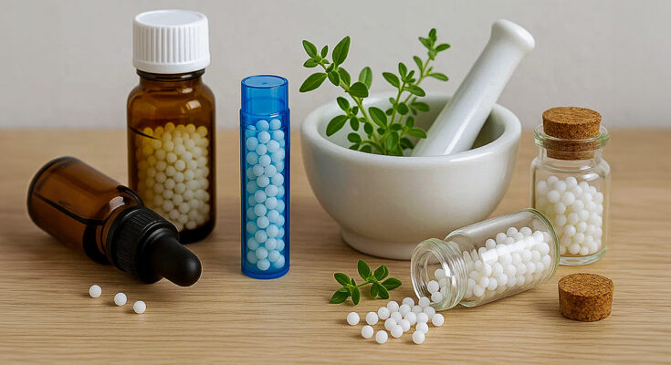 Imagen con diferentes formas y presentaciones de productos homeopáticos.