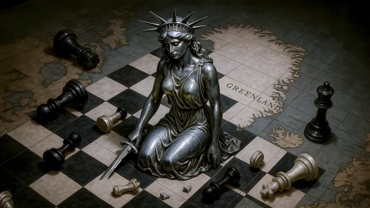 La Estatua de la Libertad como una reina de ajedrez, hincada y derrotada en un tablero que es también un mapa de Groenlandia.